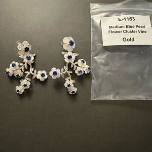 Gold Medium Blue Pearl Flower Cluster Vine Earrings